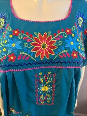 2XL-3XL-5XL Jade  Embroidered Floral Mexican Maxi Dress